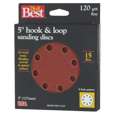Do it Best 5 In. 120-Grit 8-Hole Pattern Vented Sanding Disc with Hook & Loop Backing (15-Pack)
